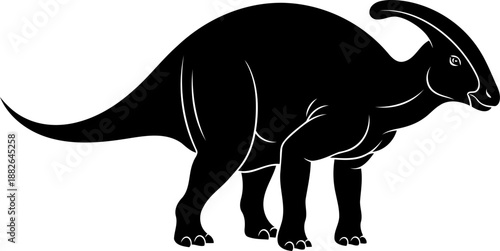 Detailed parasaurolophus dinosaur, standing in profile with its distinctive head crest, vector silhouette.