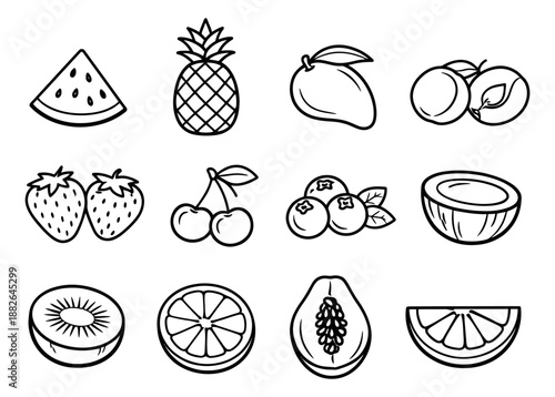 Hand drawn line art fruit icon set featuring a variety of fresh and tropical fruits for healthy eating concepts