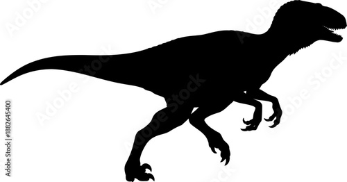 Dynamic velociraptor dinosaur silhouette running, detailed vector illustration of a swift predator.