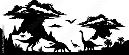 Epic prehistoric scene silhouette, with various dinosaurs, erupting volcanoes, and flying reptiles.