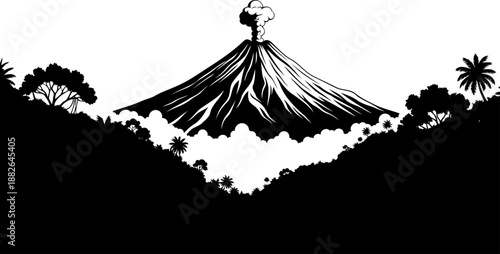 Erupting volcano landscape silhouette, featuring smoke, tropical hills, and palm trees.