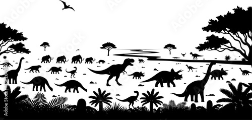 Expansive prehistoric landscape scene, featuring numerous dinosaurs, mammoths, and ancient flora, simple black vector silhouette.