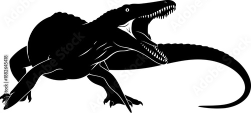 Ferocious spinosaurus dinosaur silhouette crouching with widely open mouth, detailed vector illustration.