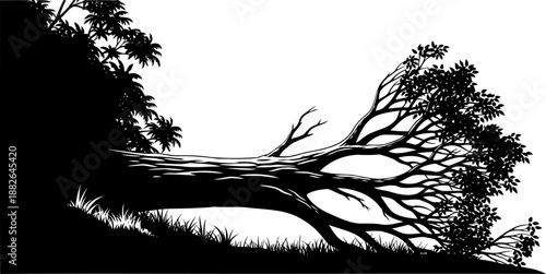 Fallen tree trunk with branches and foliage, resting on grassy ground, simple vector silhouette.