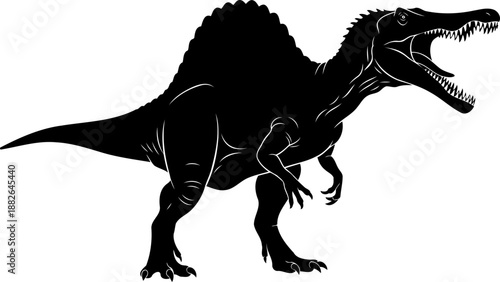 Fierce spinosaurus dinosaur silhouette, detailed vector illustration of a powerful semi-aquatic predator.