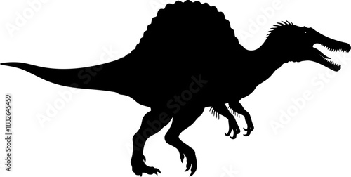 Fierce spinosaurus dinosaur silhouette, a predatory theropod roaring with its prominent sail.