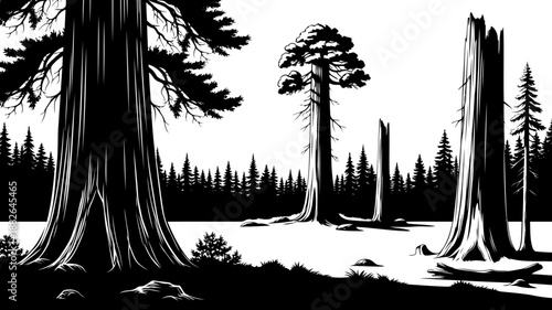 Forest landscape silhouette, featuring tall trees, stumps, and dense foliage.