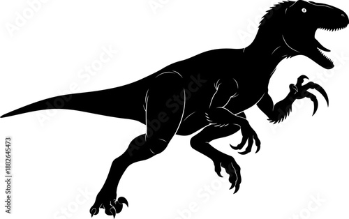 Ferocious velociraptor dinosaur silhouette, a predatory theropod leaping with open jaws.