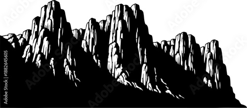 Jagged rocky mountain range, featuring sharp peaks and valleys, simple vector silhouette.