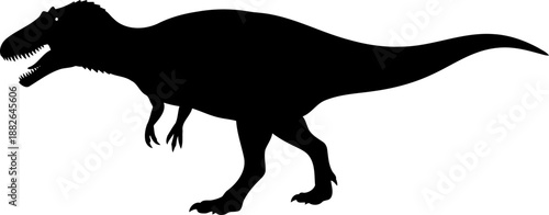 Imposing giganotosaurus theropod dinosaur, standing with a massive head and strong hind limbs, simple black vector silhouette.