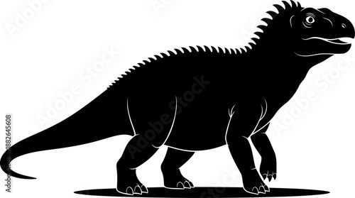 Iguanodon, a large herbivorous ornithopod, depicted walking in silhouette.
