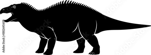 Iguanodon dinosaur silhouette, a large herbivore with a spiky thumb, roaring with an open mouth.