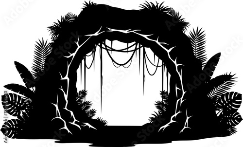 Jungle cave entrance silhouette, a prehistoric rock arch overgrown with tropical vines and foliage.