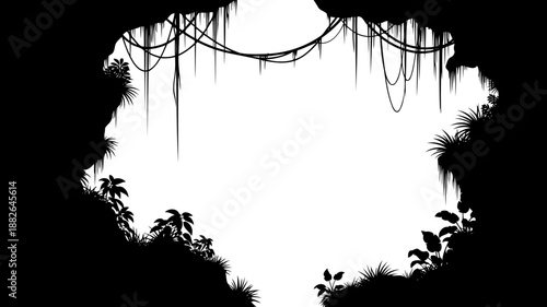 Jungle cave entrance silhouette, framed by hanging vines and lush tropical foliage.