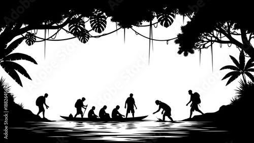 Jungle river expedition silhouette, depicting explorers in canoes and walking through dense tropical foliage.