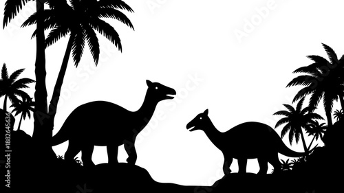 Jungle scene silhouette, depicting two iguanodon-like dinosaurs amidst dense palm trees and tropical plants.