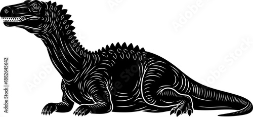 Kaprosuchus prehistoric crocodile, resting on the ground in profile, detailed vector silhouette.