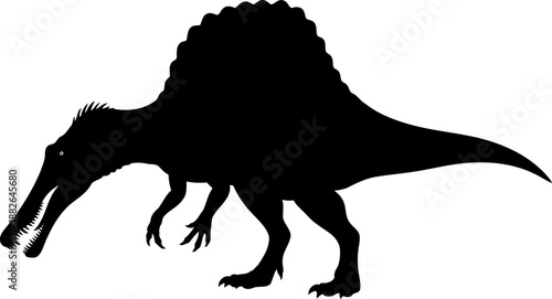 Leaning spinosaurus silhouette, a bipedal theropod predator with a large sail.