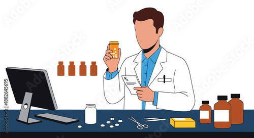 A pharmacist carefully examines a medication bottle in a modern lab setting