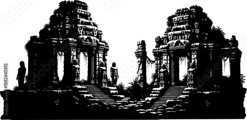 Overgrown ancient temple ruins silhouette, vector illustration of a mysterious historical site.