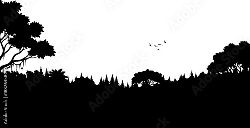 Panoramic prehistoric forest silhouette, dense jungle foliage with ancient trees and flying birds.