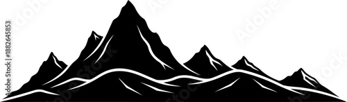 Panoramic mountain range silhouette with sharp peaks and abstract ridge lines.