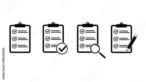 A set of checklist icons on clipboards with various verification tools