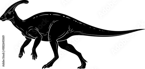 Parasaurolophus dinosaur silhouette walking with long head crest and tail side view