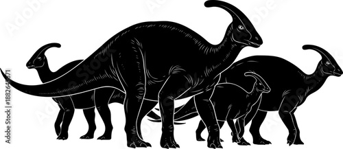 Parasaurolophus dinosaur herd silhouette with crested heads walking in profile view