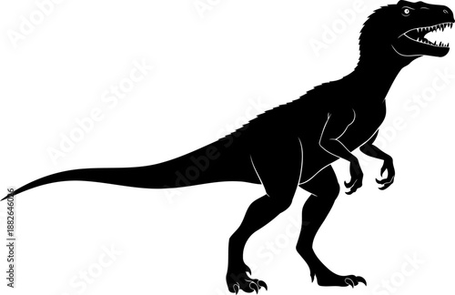 Predatory allosaurus dinosaur, standing in profile with bared teeth, simple black vector silhouette.