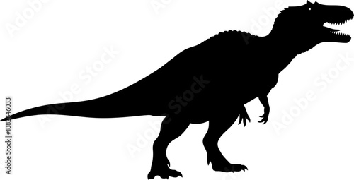 Predatory allosaurus-type dinosaur, standing in profile with a slightly open mouth, detailed vector silhouette.