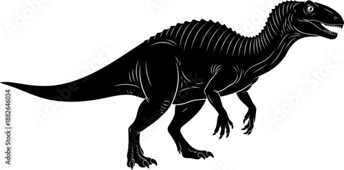 Predatory theropod dinosaur, walking in profile with its powerful build, detailed vector silhouette illustration.