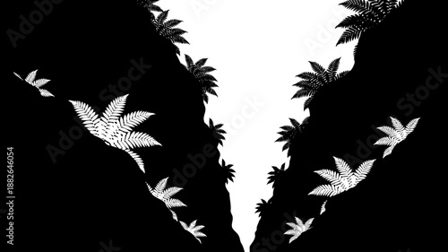 Prehistoric fern foliage silhouette, vector illustration of ancient jungle plants framing a canyon.