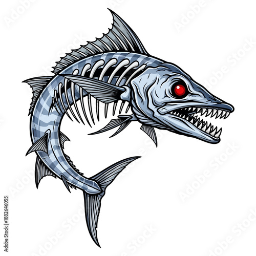 wahoo fish skeleton mascot with red eyes and sharp teeth for fishing team or brand logo