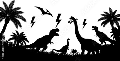 Prehistoric dinosaur landscape silhouette with t-rex, brachiosaurus, and lightning.