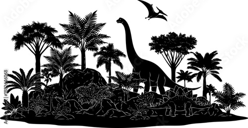 Prehistoric dinosaur landscape silhouette featuring brachiosaurus, triceratops, pteranodon, and lush foliage.