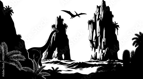 Prehistoric coastal landscape silhouette, featuring sea stacks, dinosaurs, and flying reptiles.