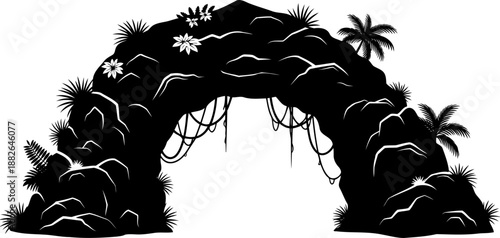 Prehistoric cave entrance silhouette, vector illustration of a jungle rock archway.