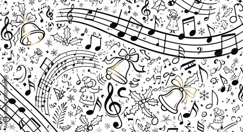 Intricate Music Notes and Christmas Bells Seamless Coloring Page Pattern for Holiday Craft