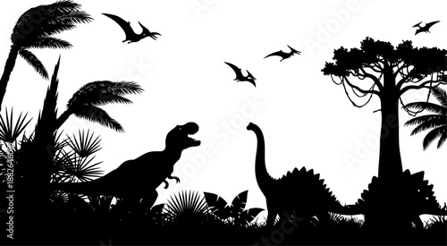Prehistoric dinosaur landscape silhouette, featuring tyrannosaurus rex, sauropods, and flying pterosaurs among ancient plants.