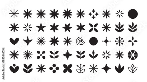 Black Floral Icons Set in Simple Minimalist Style with Solid Fill and White Background for Graphic Design
