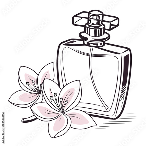 Minimalist Perfume Bottle with Elegant Flower Element for Fragrance Branding on White Background