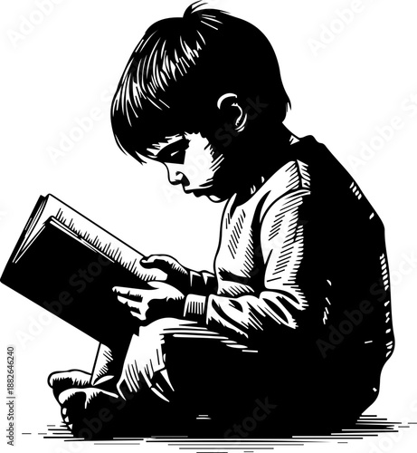 Classic Engraving Style Illustration of a Little Boy Sitting and Reading a Book Quietly
