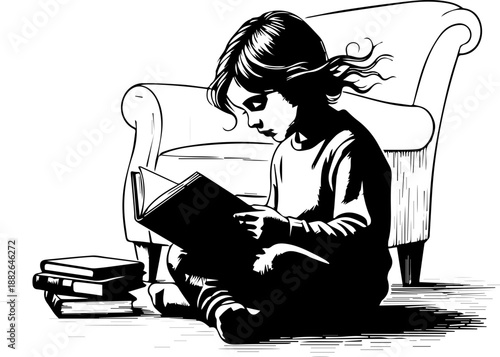 Engraved Illustration of a Little Girl Sitting on the Floor Reading a Book Near an Armchair