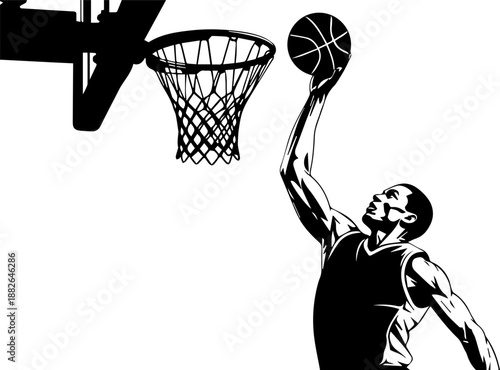 Artistic Illustration of a Basketball Player Jumping to Slam Dunk a Ball into the Hoop