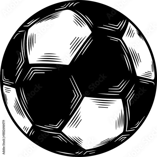 Classic soccer ball illustration in a detailed black and white engraved style, sports equipment icon
