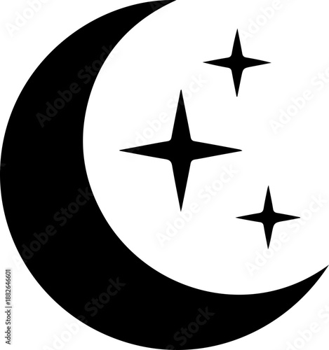 Minimalist black silhouette of a crescent moon and three shining stars, celestial symbol for night time, sleep, and astrology