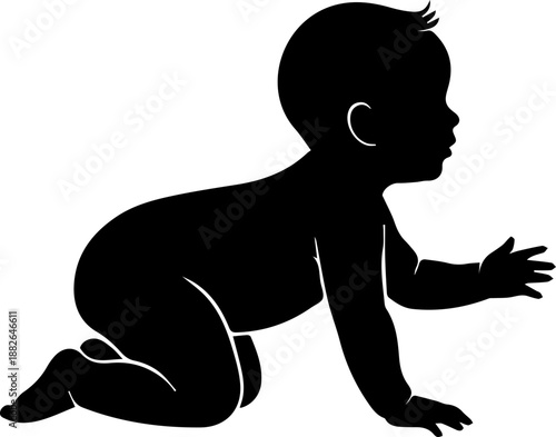 Solid black silhouette of a baby crawling on all fours, side profile view representing infancy and early childhood milestones
