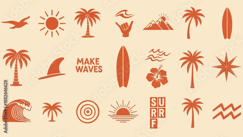 Retro summer collection with sun waves palm trees and surfing elements in orange tones
