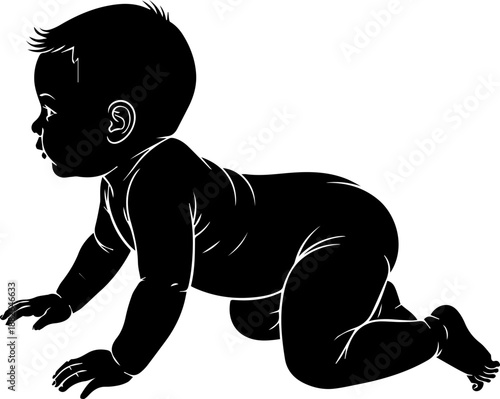 Detailed black silhouette of a baby in a onesie crawling forward, capturing the innocence and activity of early childhood